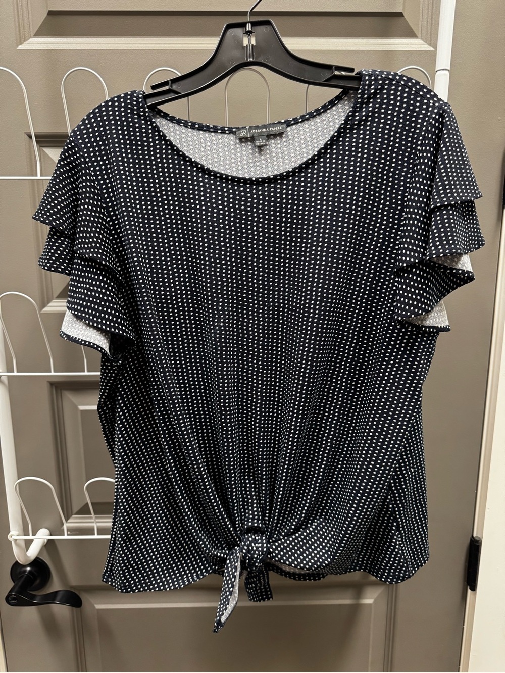 Adrianna Papell Black & White Dot Tie-Front Ruffle Sleeve Blouse